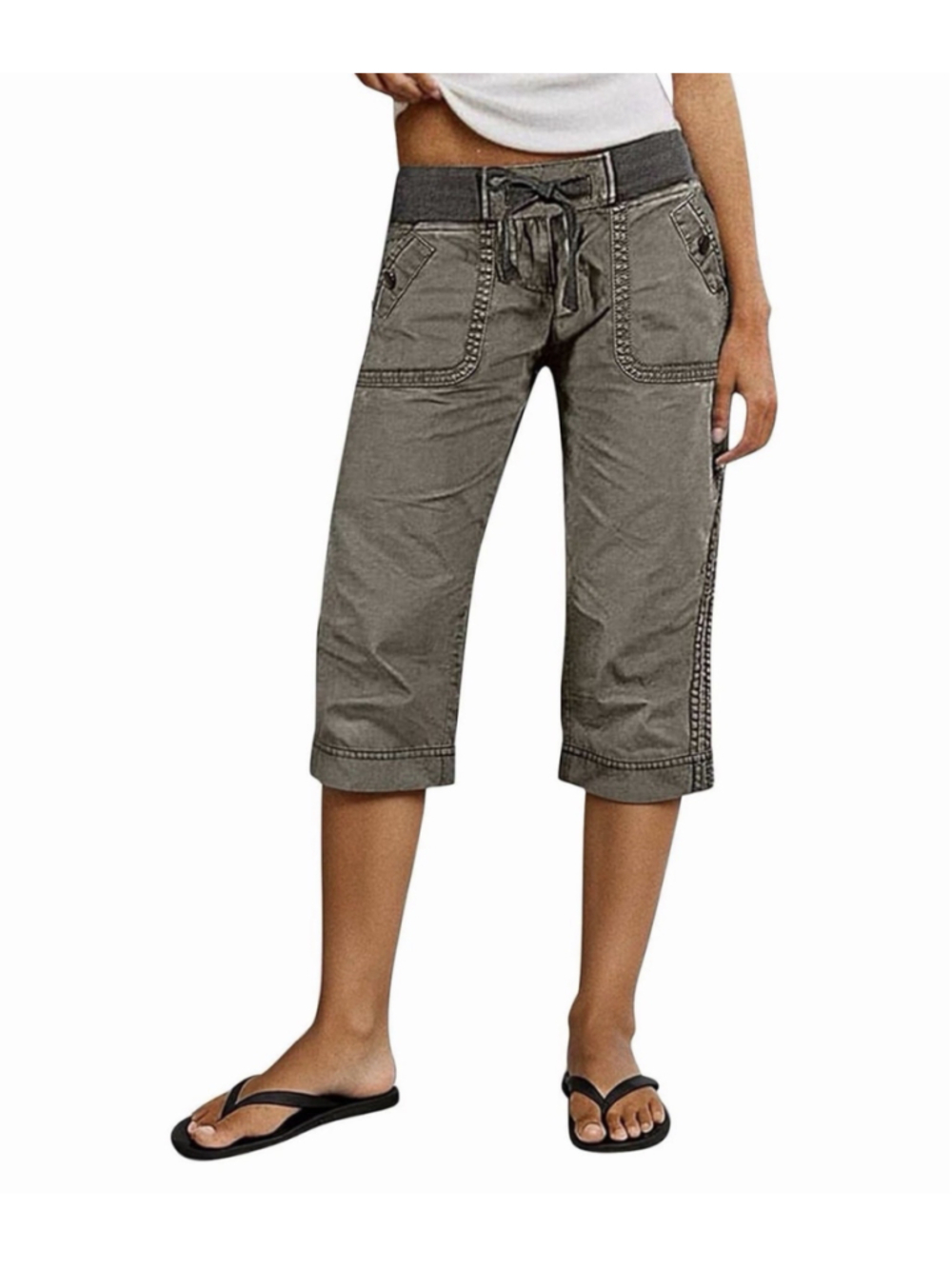 Flamingals Straight Leg High Waist Capri Pants Drawstring Button Decor XS